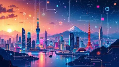 Abstract illustration ai chips digital twins blockchain quantum east asia tech hubs