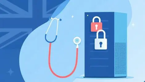 Healthcare data security stethoscope server padlock uk flag motif