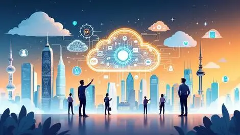 Modern asian office workers digital cloud ai elements business integration