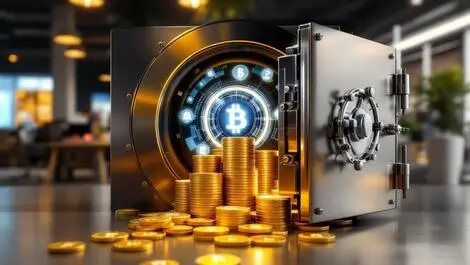 Secure vault door opened with bitcoin coins and cryptocurrency screens australian office