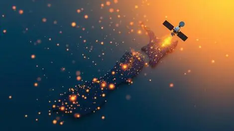 New zealand map glowing dots satellite beaming signals coverage illustration