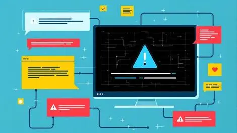 Computer screen malware alert icon surrounded by ad banners and network connections internet security threats