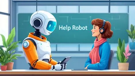 Friendly customer service robot helping happy customer modern help desk