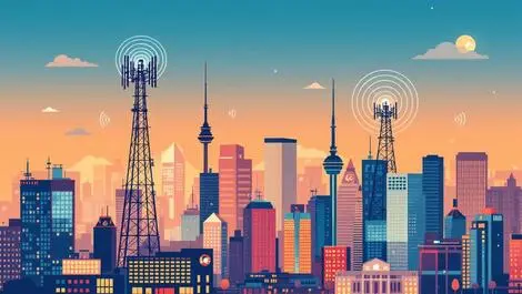 Stylized illustration canadian city skyline 5g mobile antennas connected devices communication signals