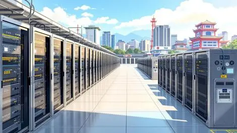Realistic modern data centre rows server racks cables cooling cityscape south korea