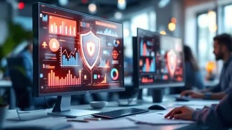 Modern office workspace computer screens graphs shield icons digital security collaboration