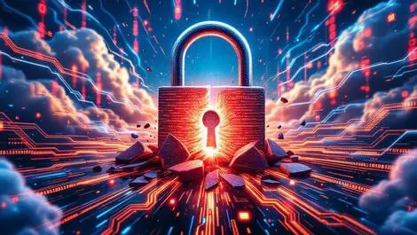 Realistic illustration shattered digital padlock binary code data clouds security breach