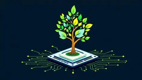 Tree growing from computer motherboard with green leaves circuit lines integration environment tech management