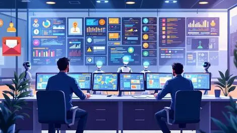 Security operations center analysts monitoring digital threat alerts ai assistants modern control room