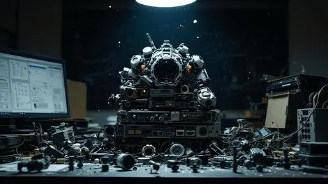 Unfinished robotic parts computer components dusty office desk abandoned