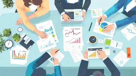 Business professionals analyzing digital graphs charts laptops expense management