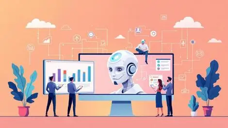 Business professionals collaborating ai digital agents data charts cloud networks