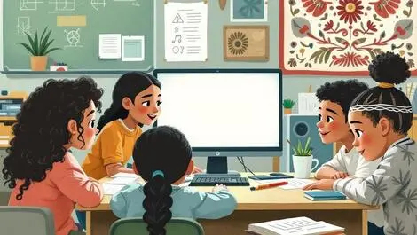 Maori new zealand children learning together computer classroom motifs