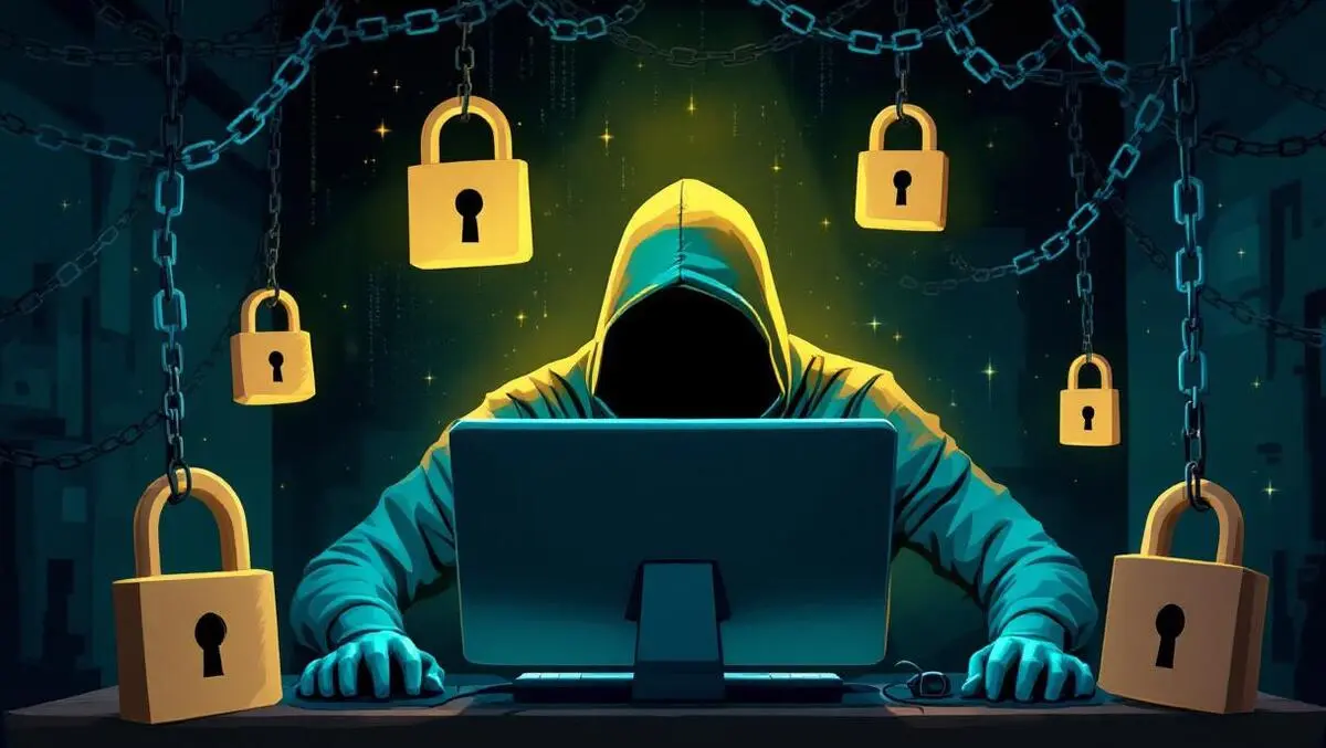 Realistic hooded figure computer dark room digital chains ransomware