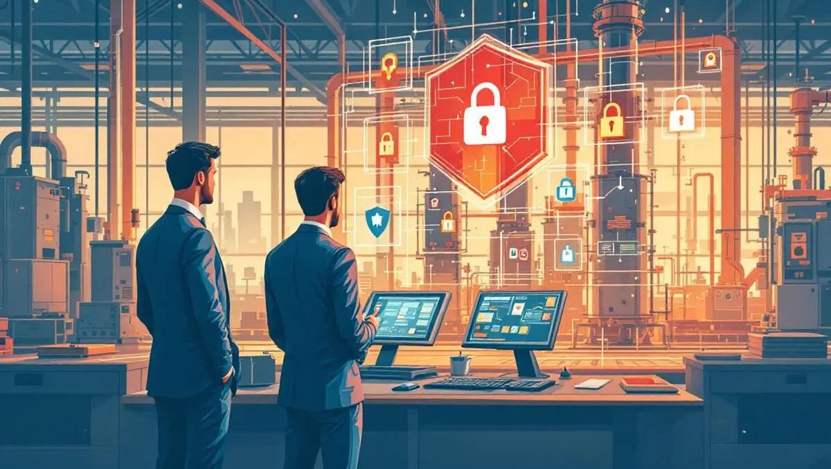 Canadian executives discussing high tech factory cybersecurity shield locks modern industrial setting