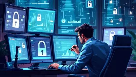 Computer security analyst monitoring cyber threats multiple screens alerts