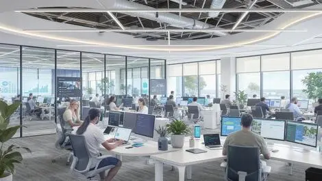 Modern australian office young employees laptops digital devices flexible work