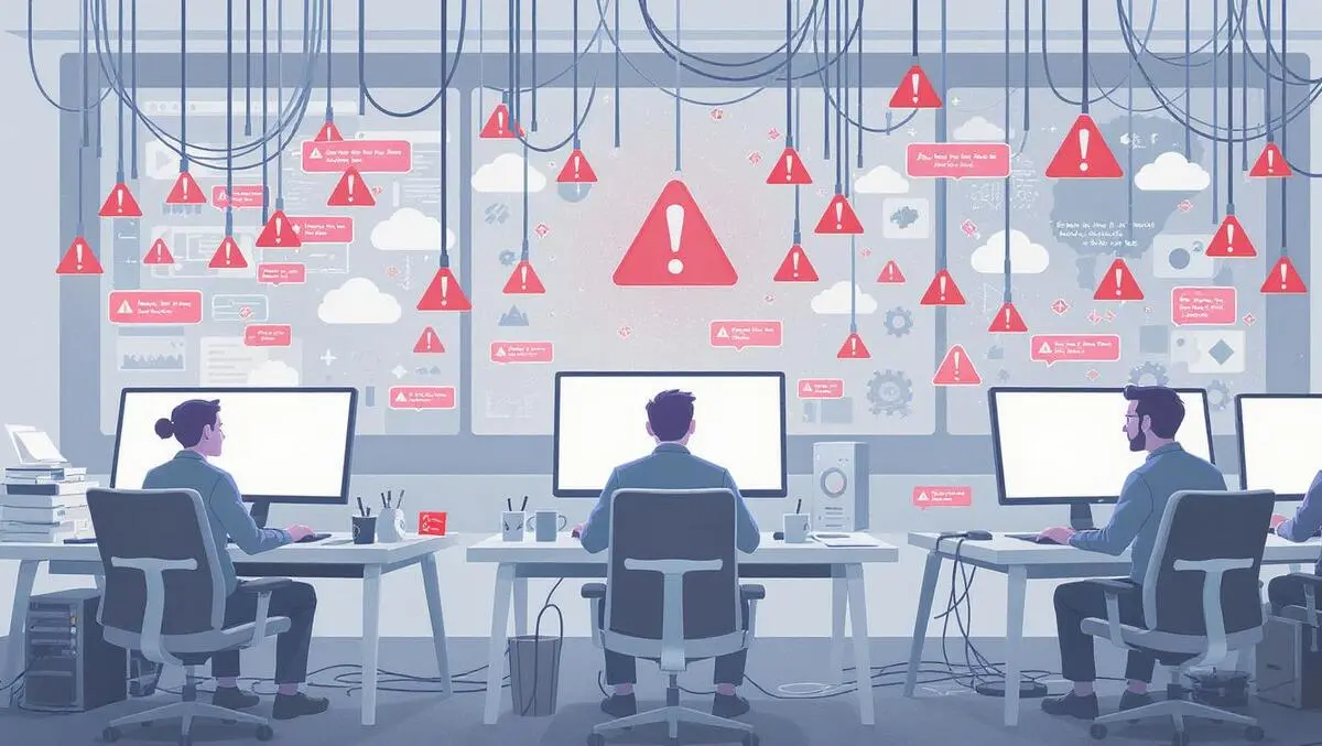 Frustrated software engineers tangled server cables cloud server warnings