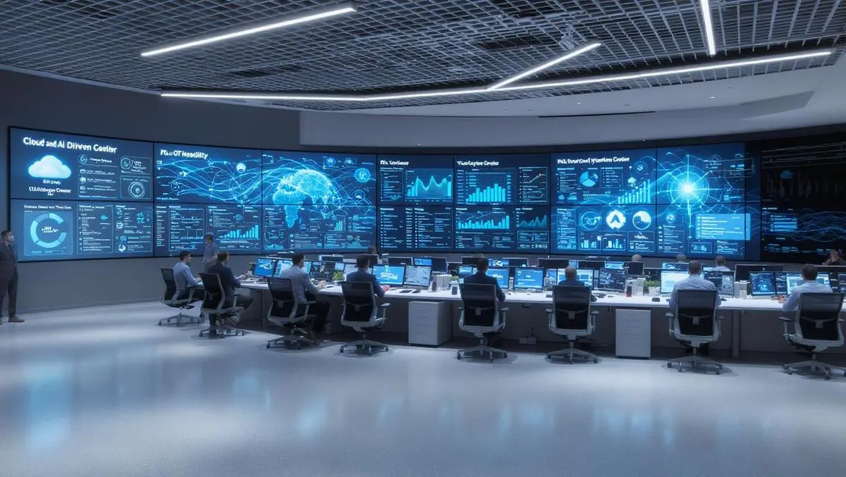 Modern it operations center engineers monitoring wall sized data screens