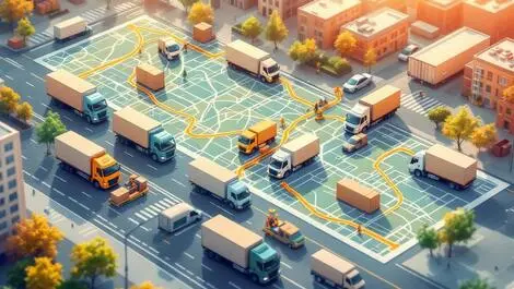 Realistic delivery trucks on urban us map with highlighted optimal routes