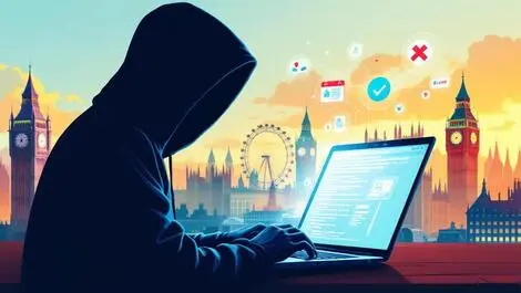 Shadowy figure in hoodie laptop london landmarks digital icons online scams fake pharmacies