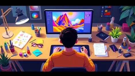 Digital artist using tablet stylus enhancing colorful photo on screen