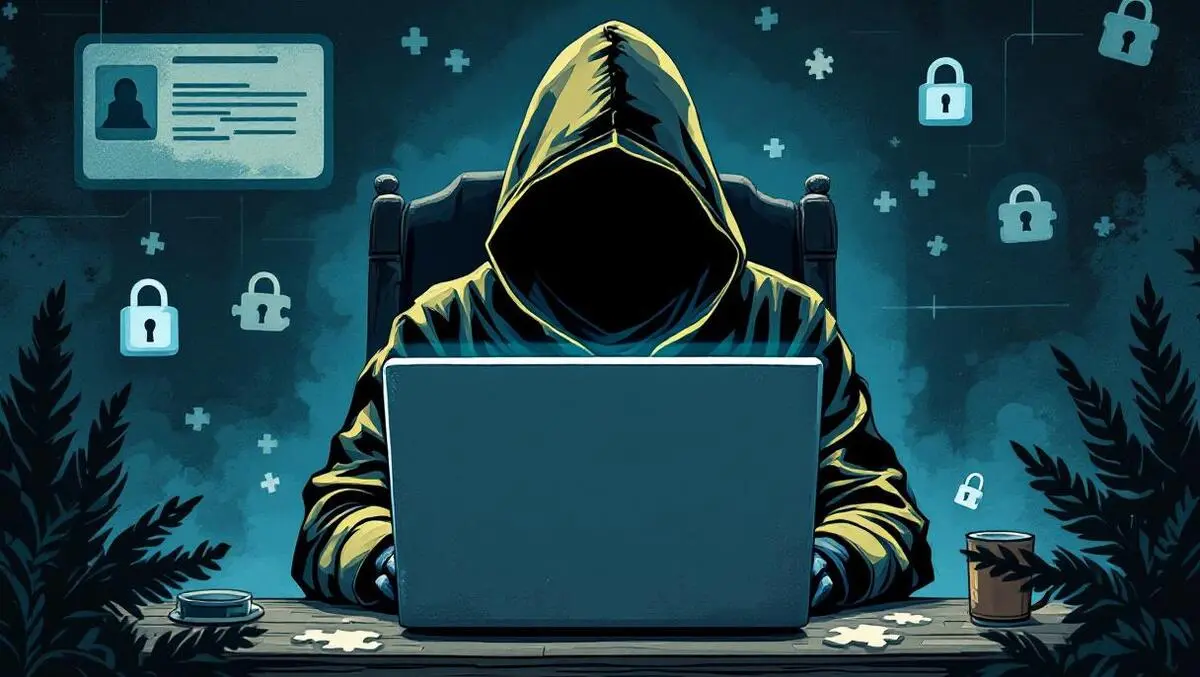 Hooded figure computer puzzle pieces lock icons cyber threats dark shadows