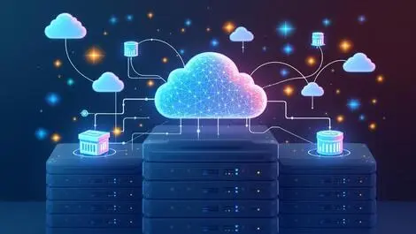 Interconnected cloud icons over server racks with nodes data flow containers