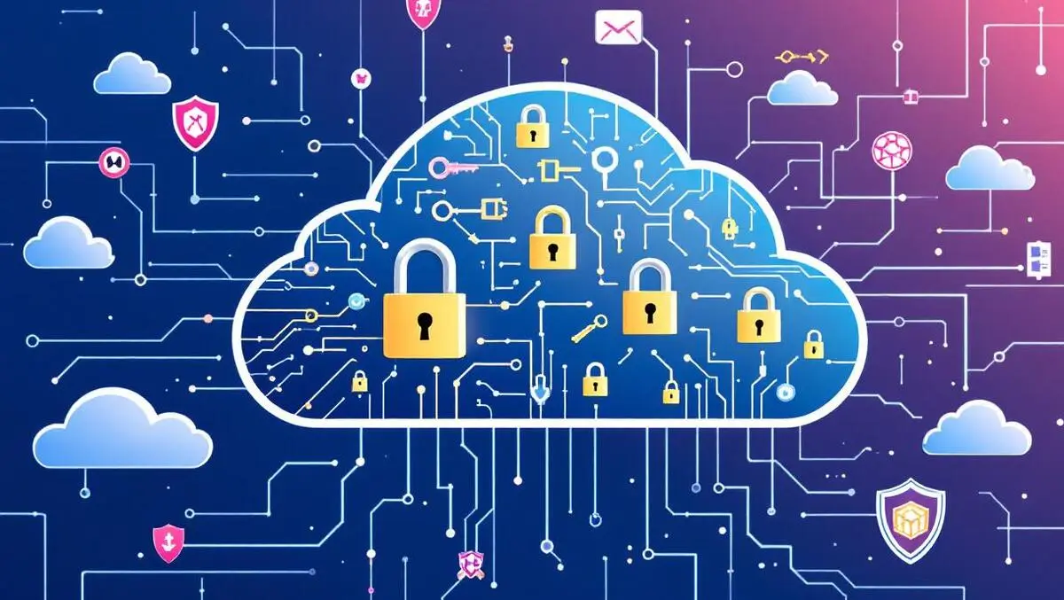 Digital cloud with keys padlocks network security shields protecting identity