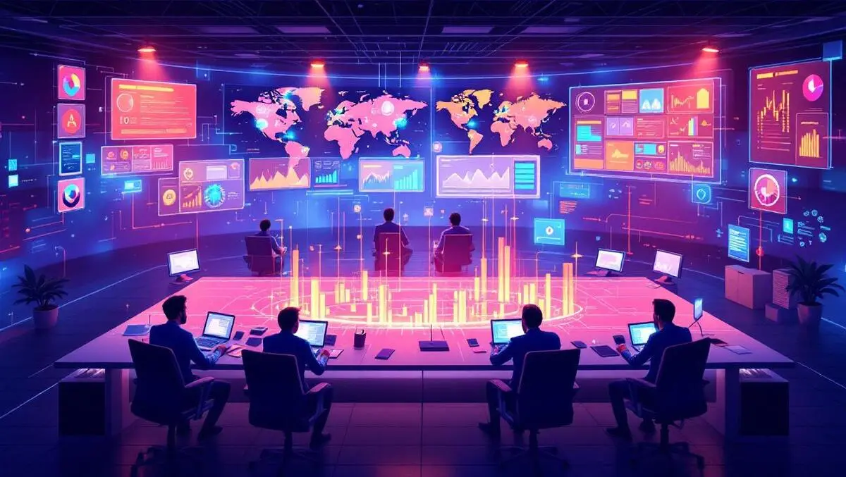 High tech security operations center analysts monitoring digital threat maps