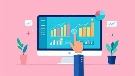 Clean digital dashboard colorful charts graphs hand pointing upward data