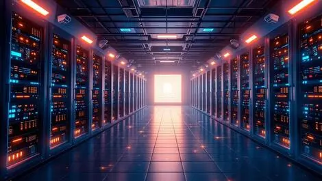 High security server room glowing access terminals biometric scanners surveillance