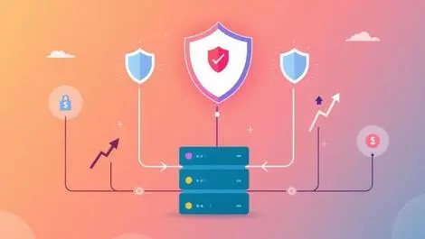 Secure computer network shield icons interconnected servers growth arrows