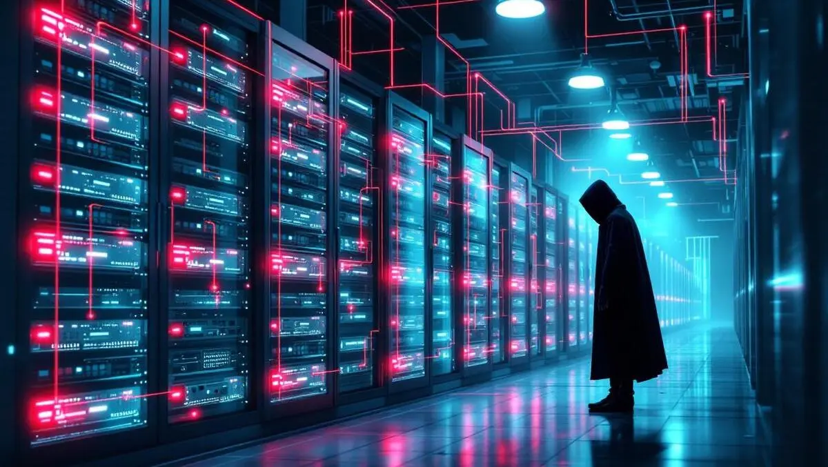 Corporate server room with glowing red alert lines and shadowy cyber threat