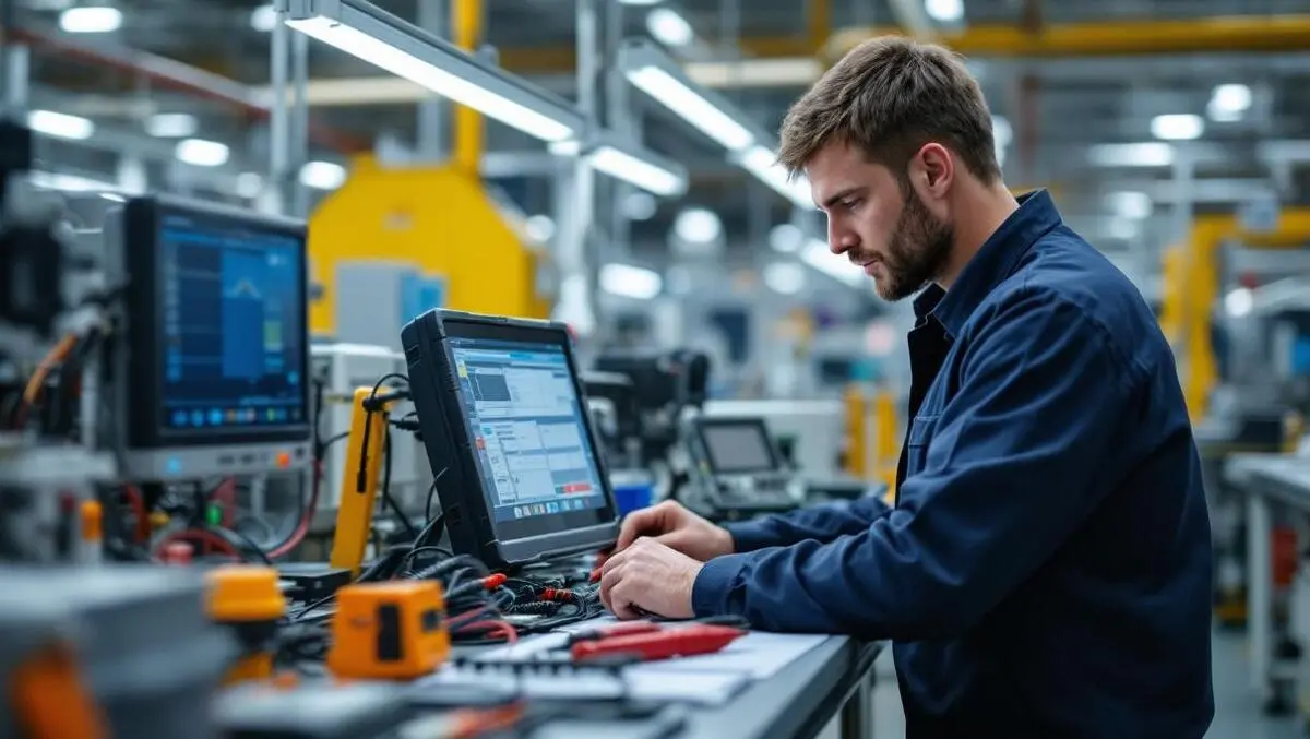 Technician in canadian industrial lab testing electronic safety equipment quality assurance