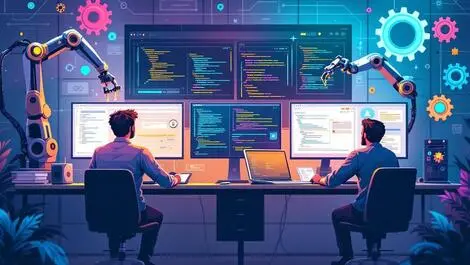 Software engineers analyzing code robotic arms automated tests digital gears machine learning automation