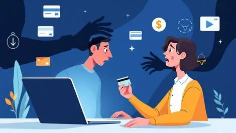 Australian person worried holding credit card shadowy hand laptop online scam cyber theft digital payment icons