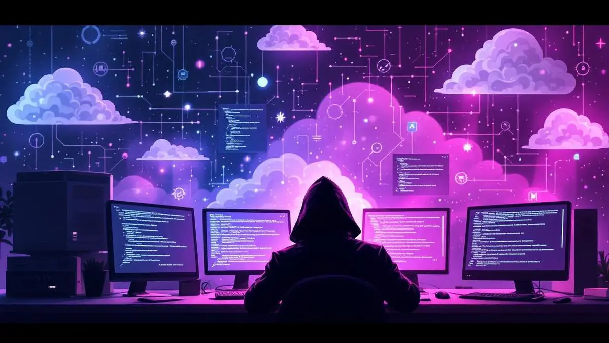 Shadowy figure surrounded by code on screens digital clouds network symbols cyber threat