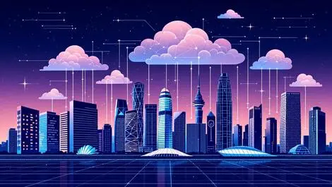 Modern singapore city skyline abstract digital clouds data flow connection