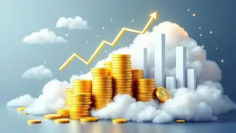 Realistic illustration stacks gold coins upward financial charts cloud