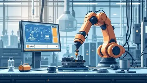 Industrial robotic arm assembling parts with panel computer machine vision high tech factory