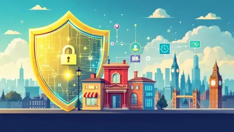 Shield protecting small business uk cityscape digital cybersecurity symbols