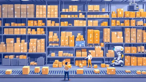 Modern warehouse automated robotics conveyor belt boxes human supervision