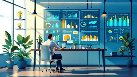 Insurance office professionals analyzing data digital dashboards charts