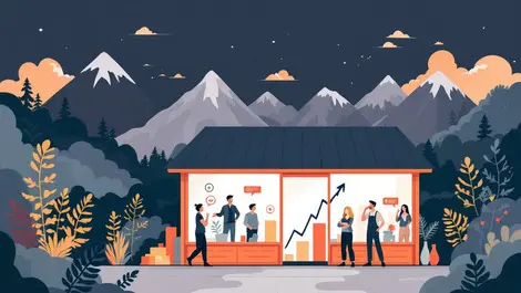 New zealand small business concerned workers rising bar charts mountains ferns illustration