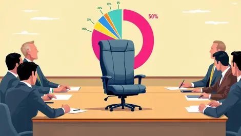 Shrinking office chair boardroom table business executives pie chart decrease corporate