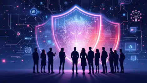Group of people protecting digital shields against ai threats illustration