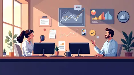 Modern office professionals collaborating customer service charts graphs