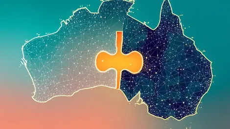 Digital network puzzle pieces joining over southern australia map highlight sa vic nsw