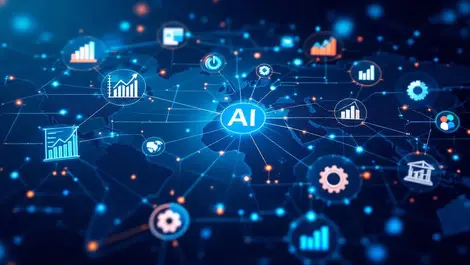 Digital process flow ai network lines business icons global transformation